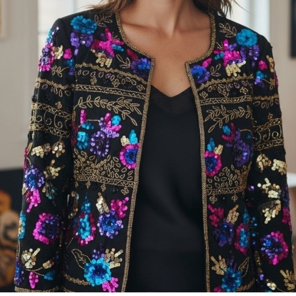 Vintage Draper’s & Damon’s Silk Embellished Black Floral Sequin Jacket Pet Med